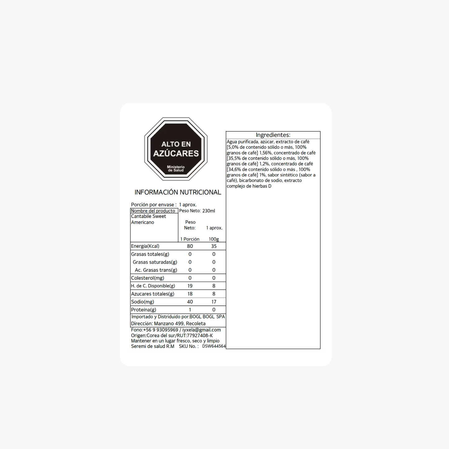 Cantabile Café Americano Dulce Coreano – 230ml × 50 Unidades