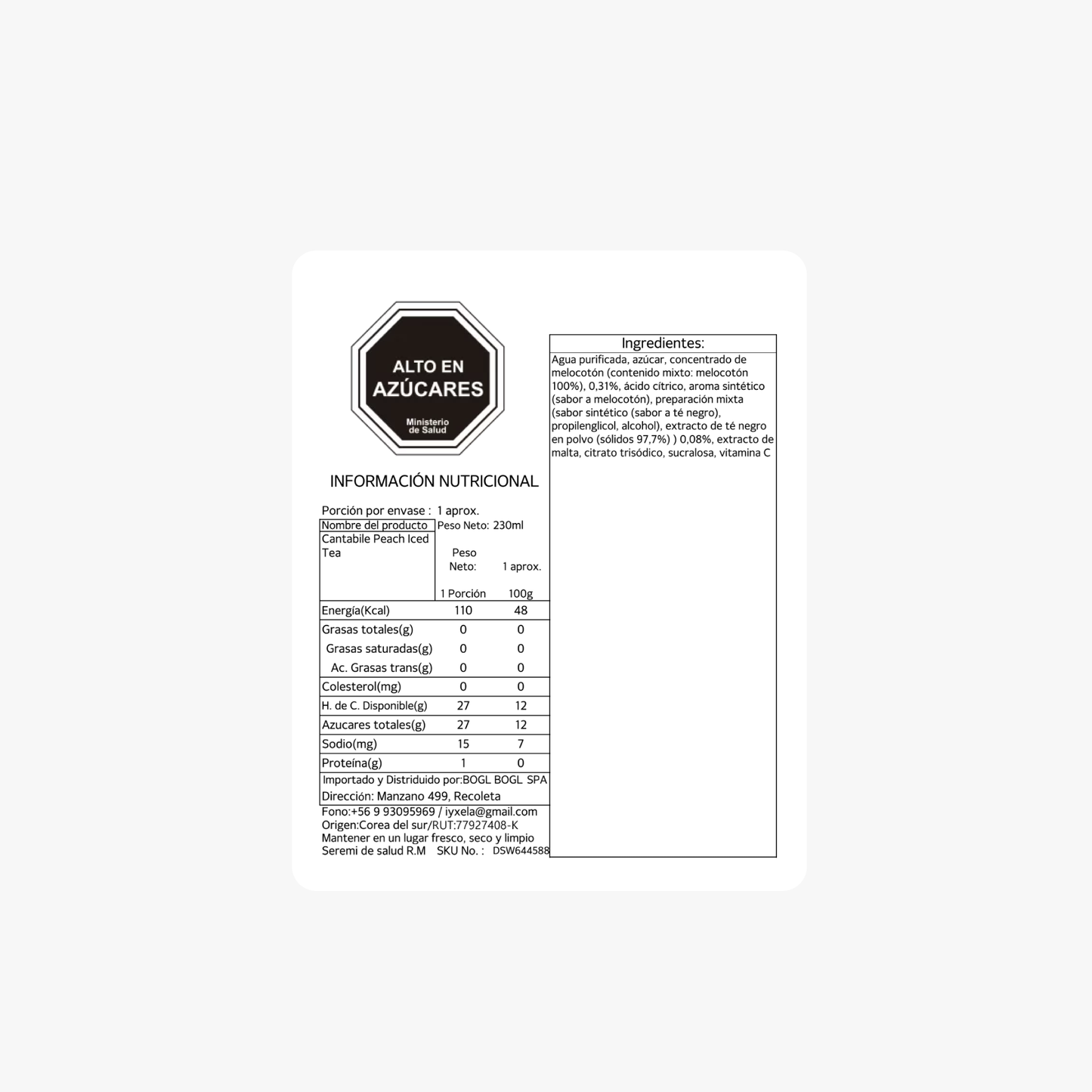 Cantabile Té Helado Coreano de Durazno – 230ml × 50 Unidades