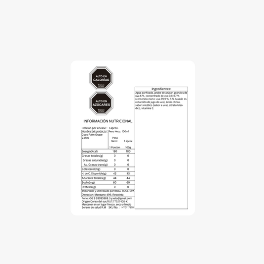 Coco Palm Grape Jugo Coreano con Pulpa de Uva – 238ml × 72 Unidades